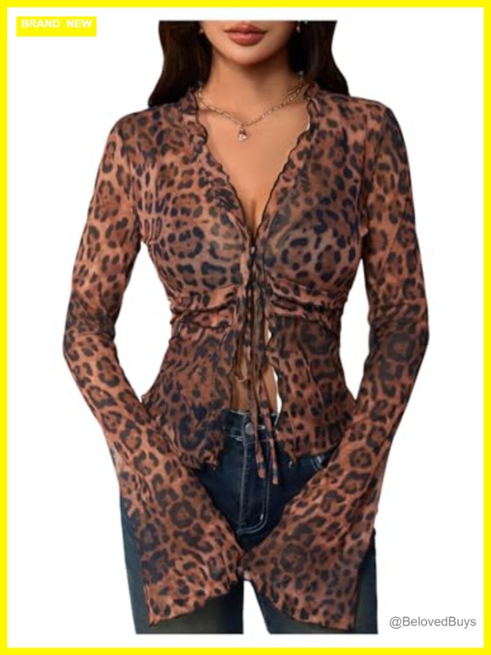 Y2k Leopard Mesh V Neck Tie Front Bell Sleeve Top